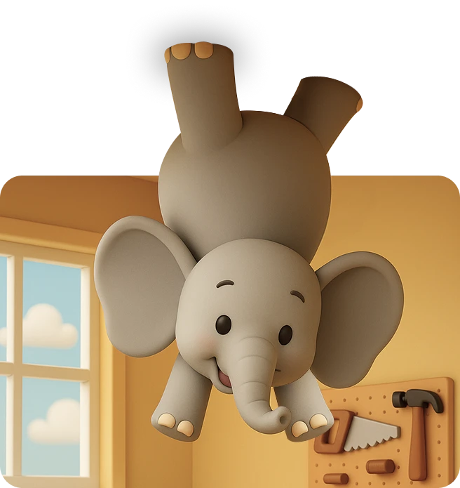 Ilustração de elefante colado no teto com cola Rendicolla